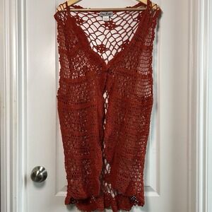 Erica Brooke Vintage Rust Crochet Open Front Duster Cardigan Boho Festival Style